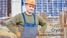  Presentation with building construction water supply - Slide set having real man - construction builder worker at building background and a  colored foreground