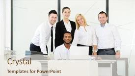  Presentation with successful - PPT theme with real man - successful business people at office background and a  colored foreground