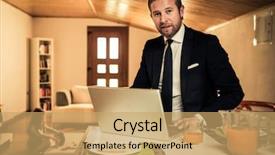  Presentation with big fat belly girl - PPT layouts with real man - young father working at home background and a  colored foreground