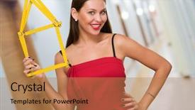  Presentation with way - Colorful PPT theme enhanced with real numbers - happy young woman holding house backdrop and a coral colored foreground