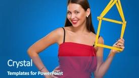  Presentation with house - Cool new presentation theme with real numbers - happy young woman holding house backdrop and a ocean colored foreground