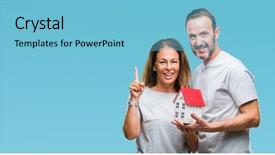  Presentation with buying a house - Beautiful PPT theme featuring real numbers - middle age hispanic casual couple backdrop and a light blue colored foreground