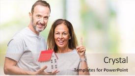  Presentation with buying a house - Presentation featuring real numbers - middle age hispanic casual couple background and a coral colored foreground