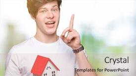  Presentation with house - Slides enhanced with real numbers - young man holding house background and a coral colored foreground