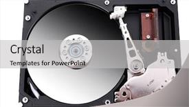  Presentation with hard disk drive - Presentation design enhanced with real open hard drive isolated background and a light gray colored foreground