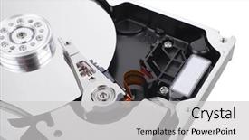  Presentation with hard disk drive - Slide deck having real open hard drive isolated background and a light gray colored foreground