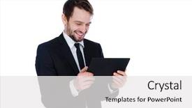  Presentation with good - Presentation theme featuring real time - good-looking young bearded businessman smiling background and a white colored foreground