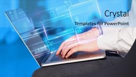  Presentation with database - PPT theme enhanced with real time stock - hand using laptop with database background and a light blue colored foreground