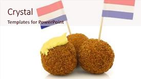  Presentation with snack - Cool new presentation with real traditional dutch snack called bitterballen with mustard and a dutch flag toothpick on a white background backdrop and a sky blue colored foreground