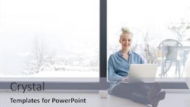  Presentation with cold coffee - Colorful slide set enhanced with real woman using laptop on the floor drinking coffee enjoying relaxing at cold winter day backdrop and a light gray colored foreground