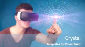  Presentation with virtual reality - Colorful PPT layouts enhanced with reality goggles with blue circles backdrop and a  colored foreground