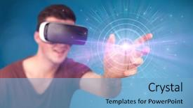  Presentation with virtual reality - Amazing PPT theme having reality goggles with blue circles backdrop and a  colored foreground