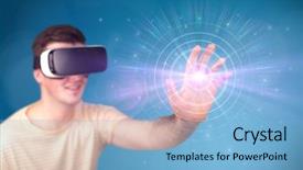  Presentation with virtual reality shooter - Colorful slide deck enhanced with reality goggles with blue circles backdrop and a light blue colored foreground