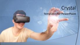  Presentation with virtual reality - PPT layouts with reality goggles with blue hexagon background and a light blue colored foreground