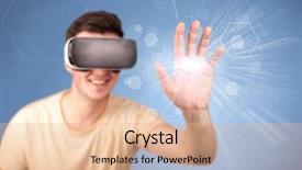  Presentation with virtual reality - Amazing slides having reality goggles with blue hexagon backdrop and a coral colored foreground