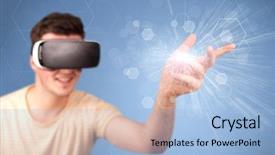  Presentation with virtual reality - Slide deck enhanced with reality goggles with blue hexagon background and a light blue colored foreground