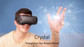  Presentation with virtual reality - Amazing PPT theme having reality goggles with blue hexagon backdrop and a coral colored foreground
