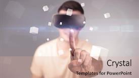  Presentation with virtual reality - Colorful presentation theme enhanced with reality goggles with grey cubes backdrop and a  colored foreground