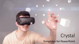  Presentation with young man wearing a hat - Audience pleasing presentation consisting of reality goggles with grey cubes backdrop and a  colored foreground