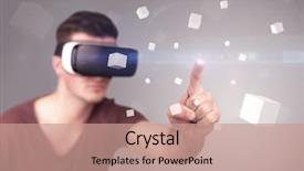  Presentation with virtual reality - PPT theme consisting of reality goggles with grey cubes background and a  colored foreground
