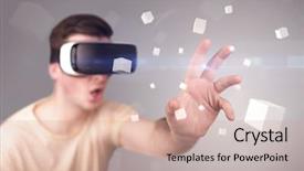  Presentation with virtual reality shooter - PPT layouts with reality goggles with grey cubes background and a  colored foreground
