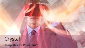  Presentation with virtual reality environments - Slides enhanced with reality headset against red vortex background and a coral colored foreground