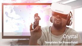  Presentation with virtual reality shooter - Beautiful slide set featuring reality headset and playing video backdrop and a coral colored foreground