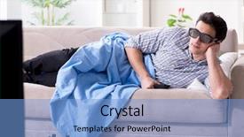  Presentation with home - Slide set featuring reality tv programs - man watching 3d tv background and a light blue colored foreground