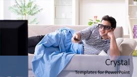 Presentation with home - Beautiful PPT theme featuring reality tv programs - man watching 3d tv backdrop and a teal colored foreground