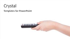  Presentation with control - Amazing PPT layouts having reality tv programs - woman hand with remote control backdrop and a  colored foreground