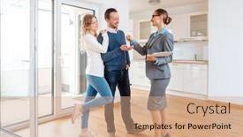  Presentation with realtor - Cool new presentation design with realtor giving house key to the happy buyers or tenants backdrop and a coral colored foreground