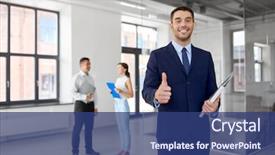  Presentation with real estate - Cool new slides with realtor or businessman with folder backdrop and a ocean colored foreground