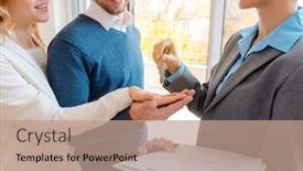 Presentation with realtor - Beautiful theme featuring realtor-woman-giving-house-keys backdrop and a coral colored foreground