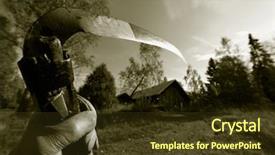  Presentation with farm house - Slides with reaper concept hand holding old background and a tawny brown colored foreground