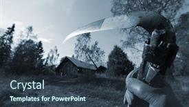  Presentation with farm house - Colorful theme enhanced with reaper concept hand holding old scythe in late evening on the way to old farm-house blue toning backdrop and a tawny brown colored foreground