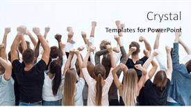  Presentation with group - PPT theme featuring rear-view-an-ambitious-group background and a cool aqua colored foreground