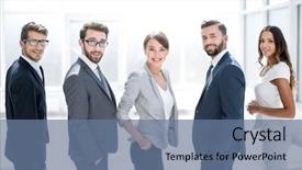  Presentation with team business top view - Presentation theme enhanced with rear view business team smiling background and a  colored foreground