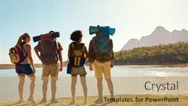  Presentation with backpacks - PPT theme enhanced with rear-view-group-of-friends background and a coral colored foreground