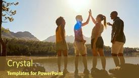  Presentation with backpacks - Slide set enhanced with rear-view-group-of-friends background and a tawny brown colored foreground