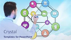  Presentation with marker - Presentation design having rear view of a businessman writing with marker against blue sky background and a sky blue colored foreground