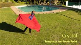  Presentation with running race - Beautiful slide set featuring rear view of a pre teen mixed race boy dressed in a superhero costume with a red cape and a blue mask in a garden running with cape floating backdrop and a tawny brown colored foreground