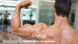  Presentation with flexing - Cool new PPT theme with rear view of a shirtless muscular man flexing muscles in gym backdrop and a coral colored foreground