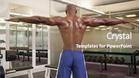  Presentation with gym - Cool new PPT theme with rear view of a shirtless bodybuilder with arms outstretched in gym backdrop and a tawny brown colored foreground