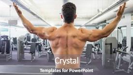  Presentation with gym - Presentation theme with rear view of a shirtless muscular man with arms raised in gym background and a gray colored foreground