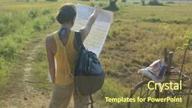  Presentation with backpack - Cool new theme with rear view of a young woman standing in field with backpack and map backdrop and a tawny brown colored foreground