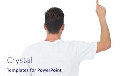  Presentation with upwards - Audience pleasing presentation design consisting of rear view of a young man pointing upwards over white background backdrop and a sky blue colored foreground
