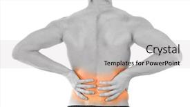  Presentation with back pain - Colorful presentation design enhanced with rear view of a young man holding his back in pain isolated on white background backdrop and a light gray colored foreground