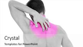  Presentation with back pain - Presentation design consisting of rear view of a young man holding his back in pain isolated on white background background and a white colored foreground