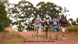  Presentation with walking together - Presentation design with rear-view-of-active-senior background and a coral colored foreground