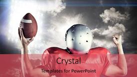  Presentation with spotlight - Presentation design consisting of rear view of american football player cheering while holding ball against spotlight in sky background and a red colored foreground